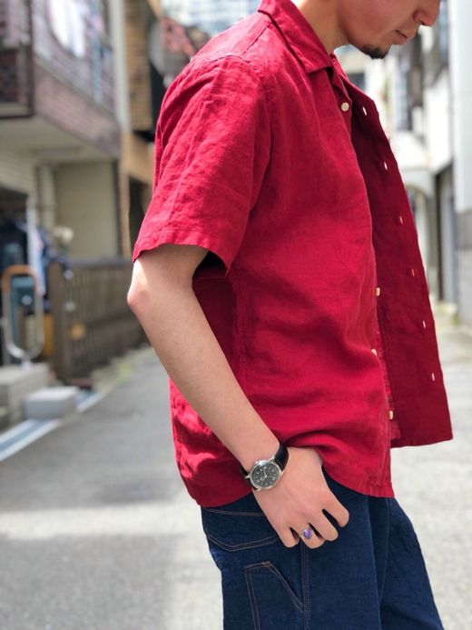 Spinner Bait リネンシャンブレーオープンカラー半袖シャツ / ディープレッド