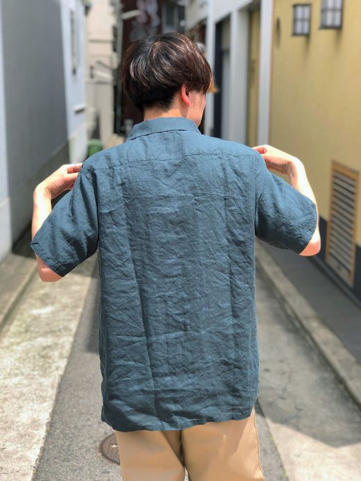 Spinner Bait リネンシャンブレーオープンカラー半袖シャツ / ディープグリーン