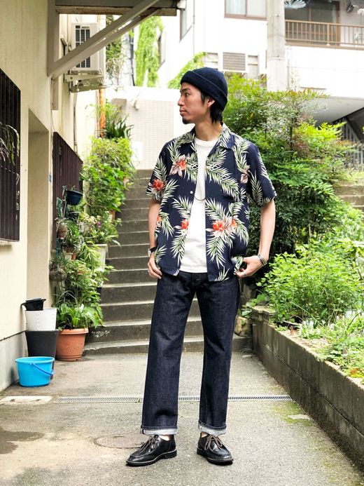 Spinner Bait レーヨンプリントオープンカラー半袖シャツ / ネイビー