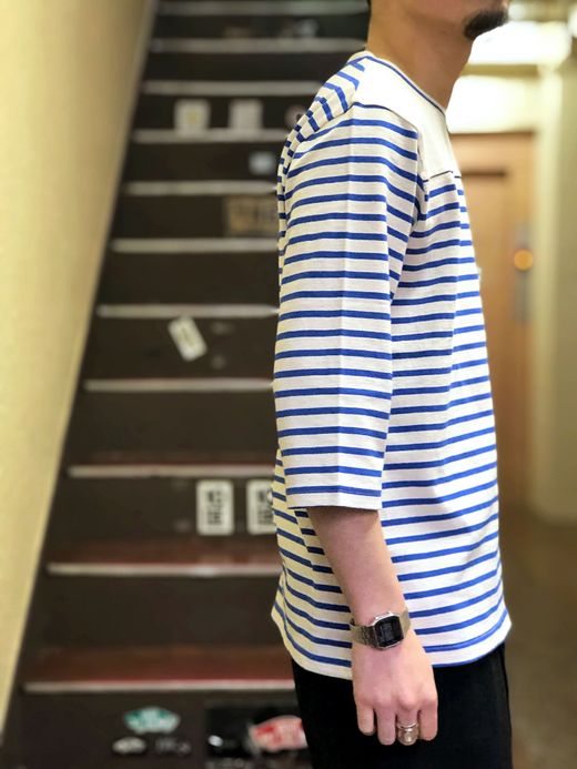 Spinner Bait アメリカンヴィンテージボーダーフットボールTee七分袖 / ブルー/生成り