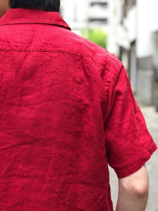 Spinner Bait リネンシャンブレーオープンカラー半袖シャツ / ディープレッド