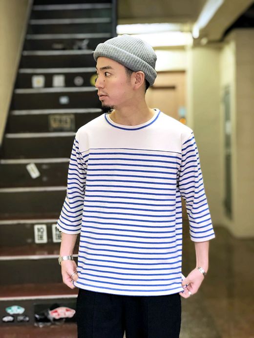 Spinner Bait アメリカンヴィンテージボーダーフットボールTee七分袖 / ブルー/生成り