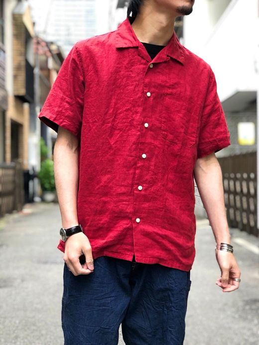 Spinner Bait リネンシャンブレーオープンカラー半袖シャツ / ディープレッド