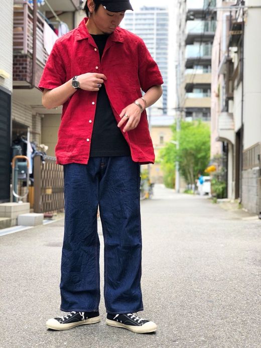 Spinner Bait リネンシャンブレーオープンカラー半袖シャツ / ディープレッド