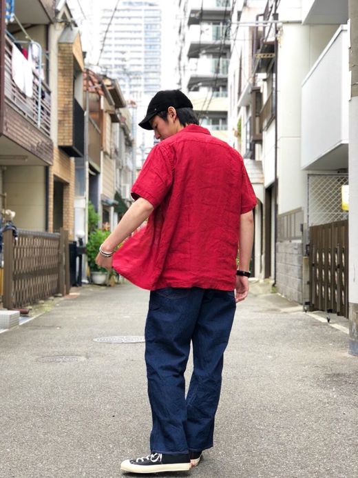 Spinner Bait リネンシャンブレーオープンカラー半袖シャツ / ディープレッド