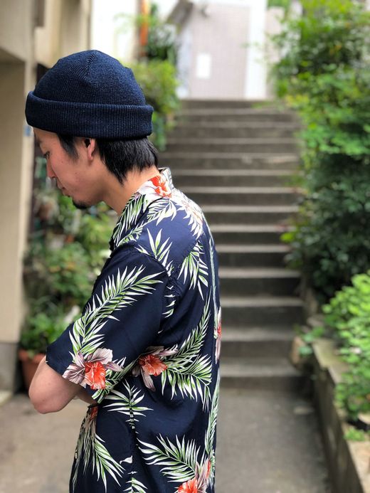 Spinner Bait レーヨンプリントオープンカラー半袖シャツ / ネイビー