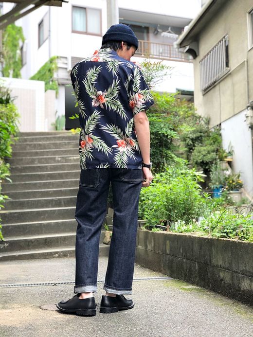 Spinner Bait レーヨンプリントオープンカラー半袖シャツ / ネイビー