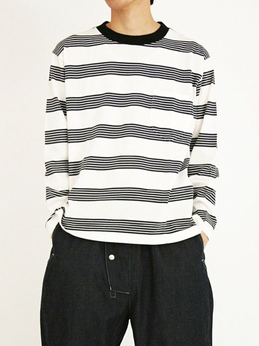ANACHRONORM AN021 / BORDER CREW NECK L/S T-S / NV×BLK