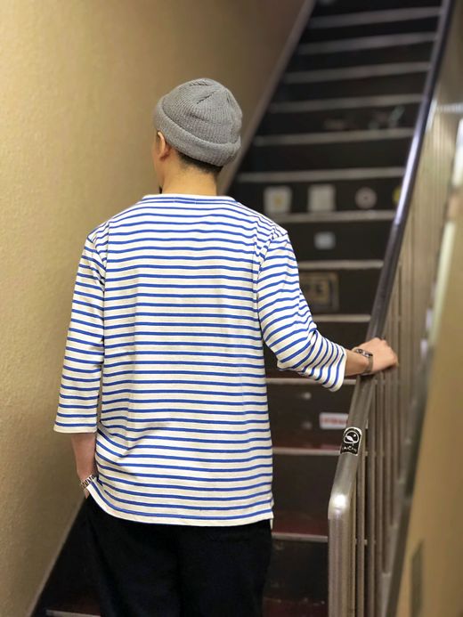 Spinner Bait アメリカンヴィンテージボーダーフットボールTee七分袖 / ブルー/生成り