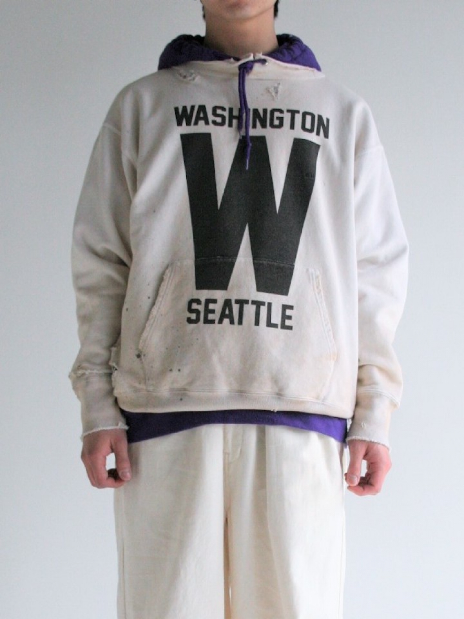 ANACHRONORM W PRINT CUT-OFF SWEAT PARKA / Off white | FLATBUSH