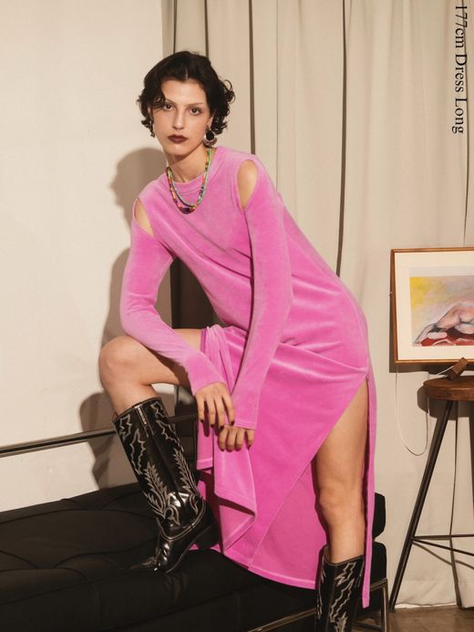 AMBERGLEAM VELVET PILE SLIT DRESS / 3colors