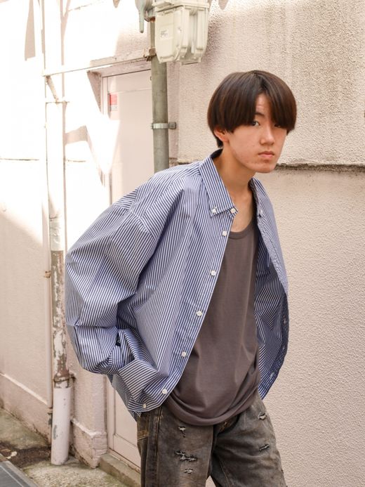 Audience コットンライク TECK ストライプ BD ボクシー Aラインシャツ / Navy