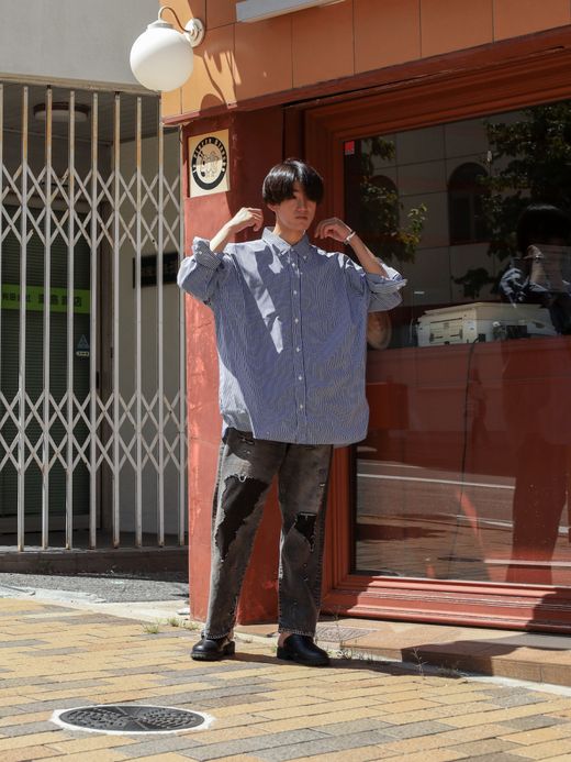 Audience コットンライク TECK ストライプ BD ボクシー Aラインシャツ / Navy