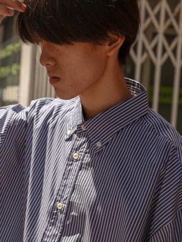 コットンライク TECK ストライプ BD ボクシー Aラインシャツ / Navy