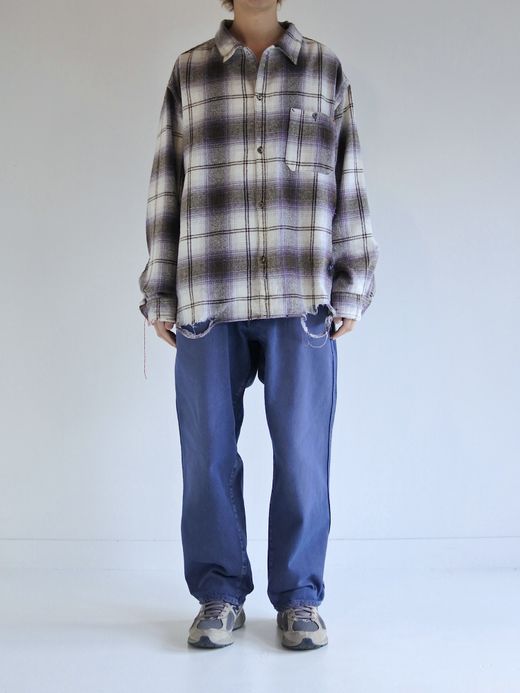 ANACHRONORM OMBRE CHECK DAMAGED WIDE FLANNEL SHIRTS / Purple×black