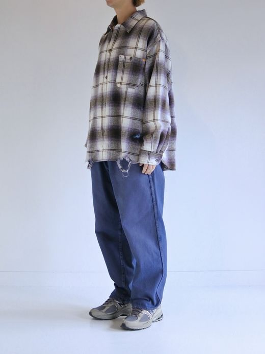 ANACHRONORM OMBRE CHECK DAMAGED WIDE FLANNEL SHIRTS / Purple×black