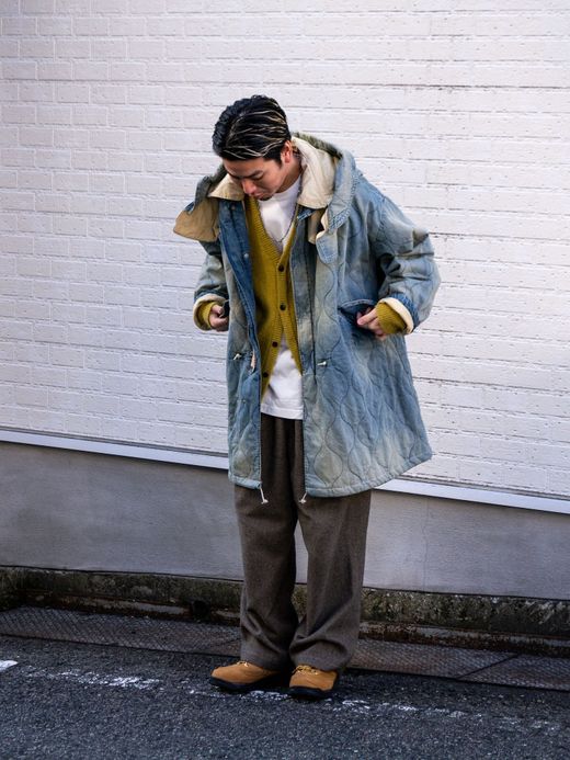 ANACHRONORM QUILTING FISH TAIL COAT / Indigo aging wash