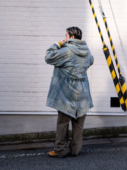 ANACHRONORM QUILTING FISH TAIL COAT / Indigo aging wash