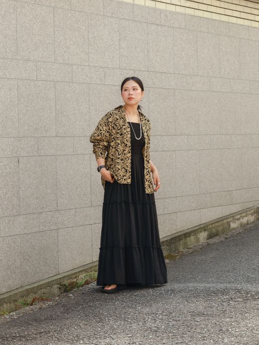 Audience プリントブロード　ワンウォッシュ　レギュラーカラー　テーパードシャツ / Black leaves