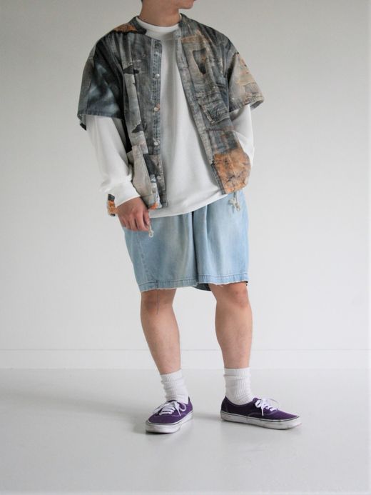 ANACHRONORM ARCHIVE DENIM COLLAGE STAND COLLAR S/S COVERALL SHIRTS / Indigo