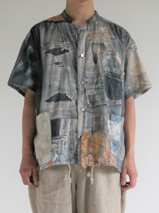 ANACHRONORM ARCHIVE DENIM COLLAGE STAND COLLAR S/S COVERALL SHIRTS / Indigo