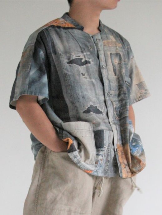 ANACHRONORM ARCHIVE DENIM COLLAGE STAND COLLAR S/S COVERALL SHIRTS / Indigo