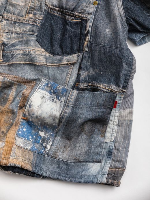 ANACHRONORM ARCHIVE DENIM COLLAGE STAND COLLAR S/S COVERALL SHIRTS / Indigo