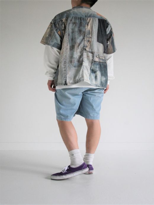 ANACHRONORM ARCHIVE DENIM COLLAGE STAND COLLAR S/S COVERALL SHIRTS / Indigo