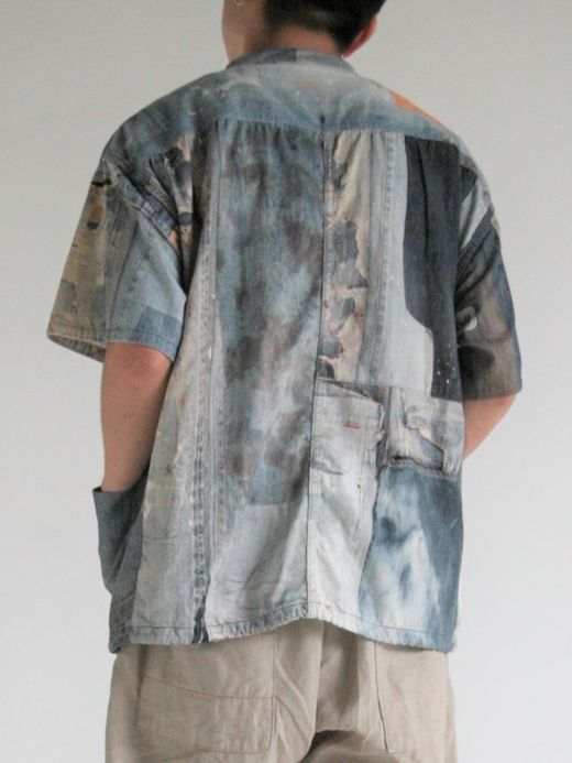 ANACHRONORM ARCHIVE DENIM COLLAGE STAND COLLAR S/S COVERALL SHIRTS / Indigo