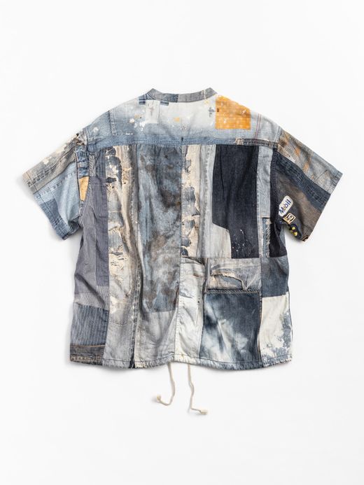 ANACHRONORM ARCHIVE DENIM COLLAGE STAND COLLAR S/S COVERALL SHIRTS / Indigo