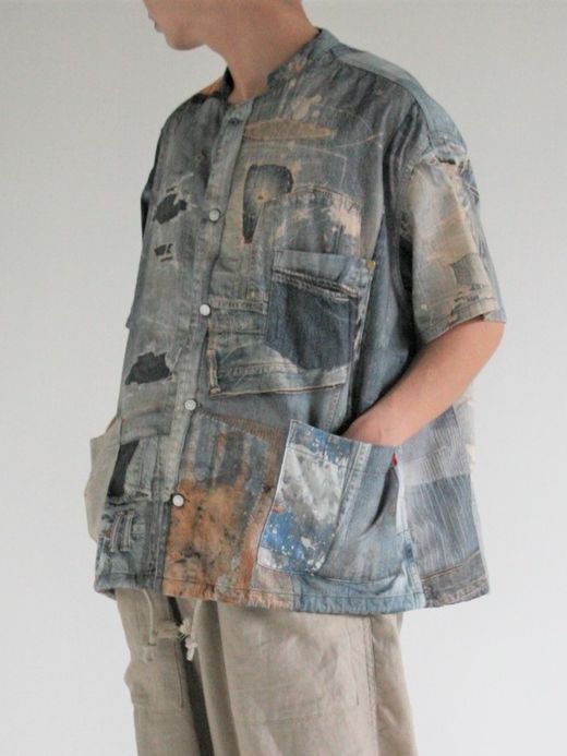 ANACHRONORM ARCHIVE DENIM COLLAGE STAND COLLAR S/S COVERALL SHIRTS / Indigo