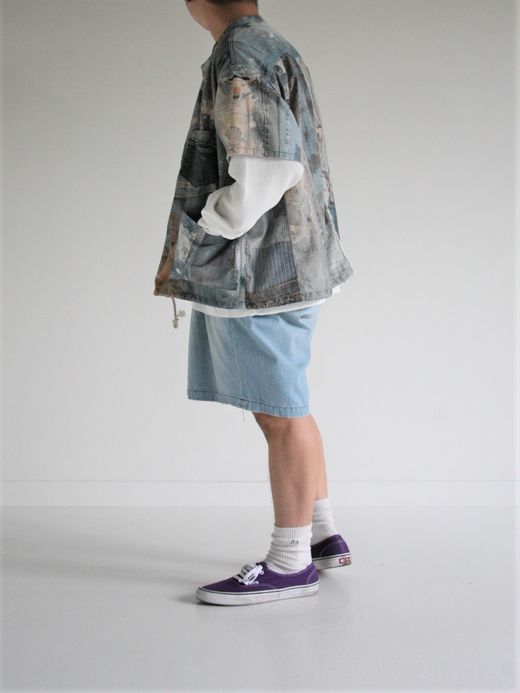 ANACHRONORM ARCHIVE DENIM COLLAGE STAND COLLAR S/S COVERALL SHIRTS / Indigo