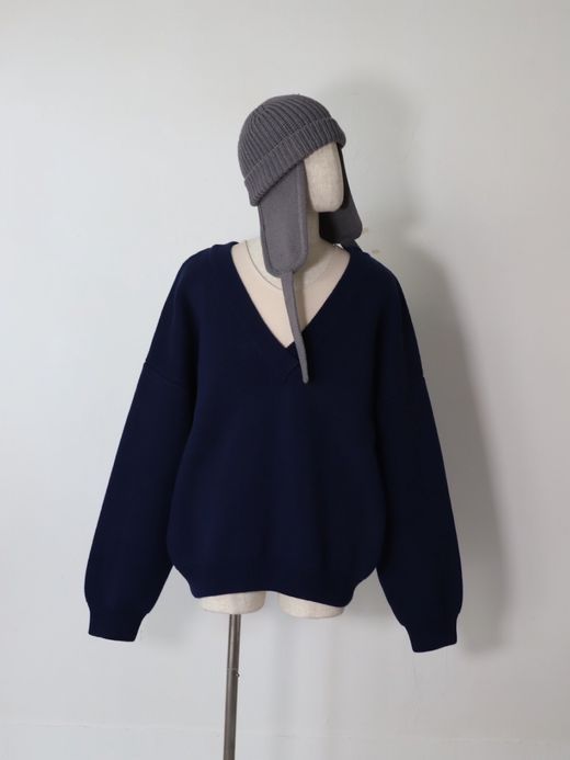 AMBERGLEAM COTTON V NECK SWEATER / Navy