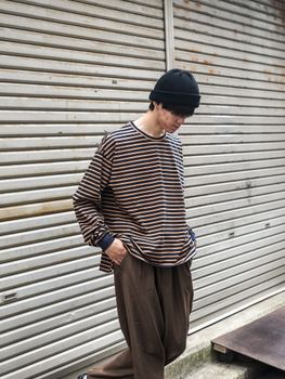 引揃ハイゲージ天竺クルーネックTEE / Navy×camel