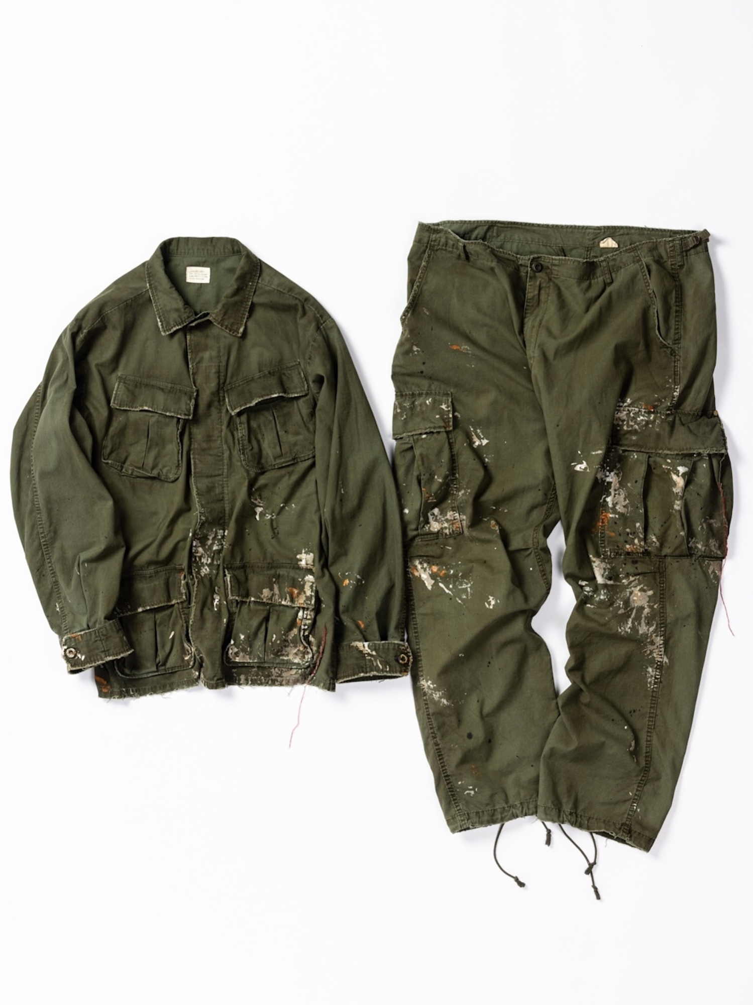 アナクロノーム 加工カーゴパンツ ANACHRONORM DIRT PAINT FATIGUE PANTS / Olive | FLATBUSH