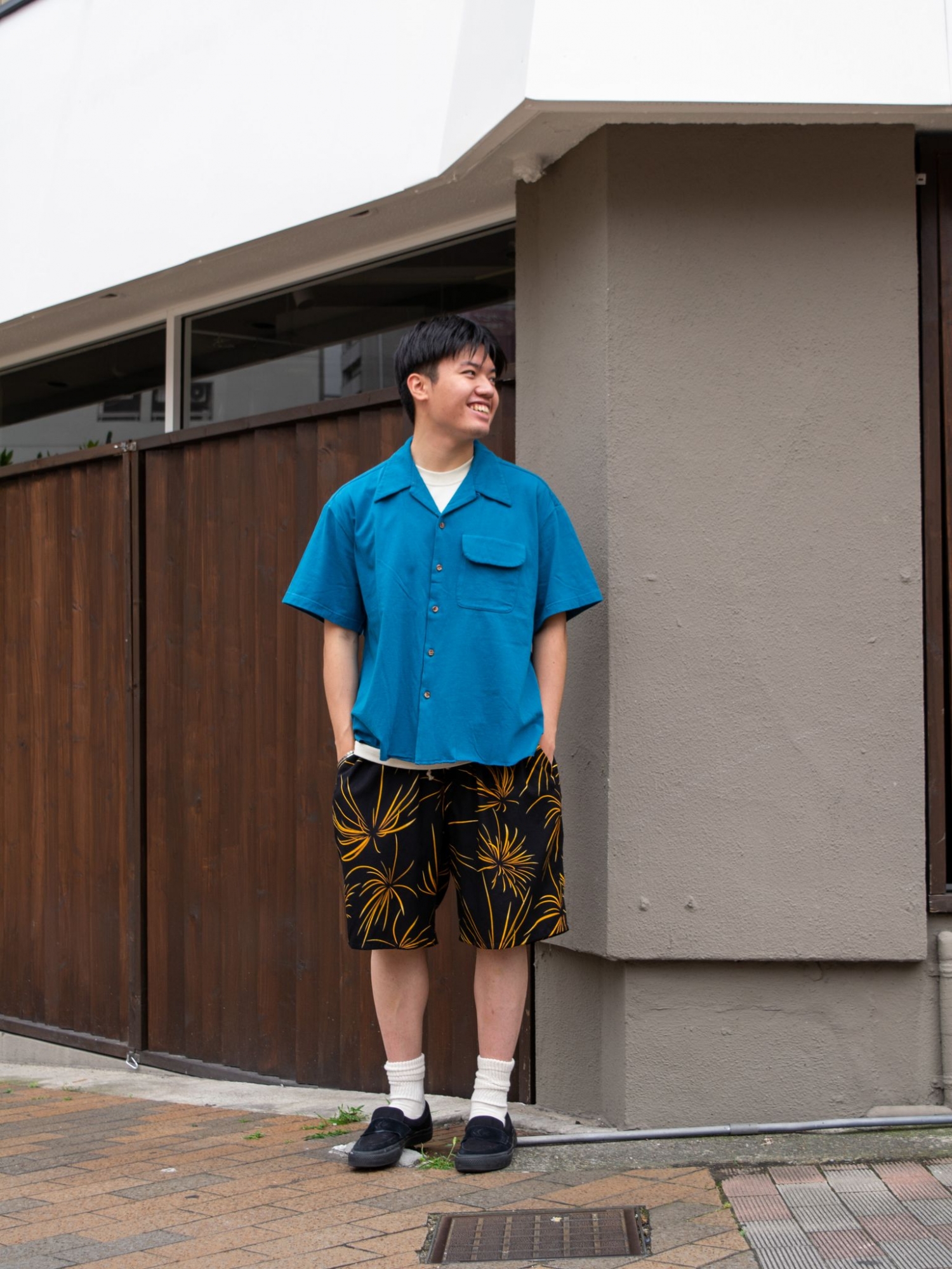 ANACHRONORM KNIT S/S TUCK OPEN COLLAR SHIRT / Steel blue