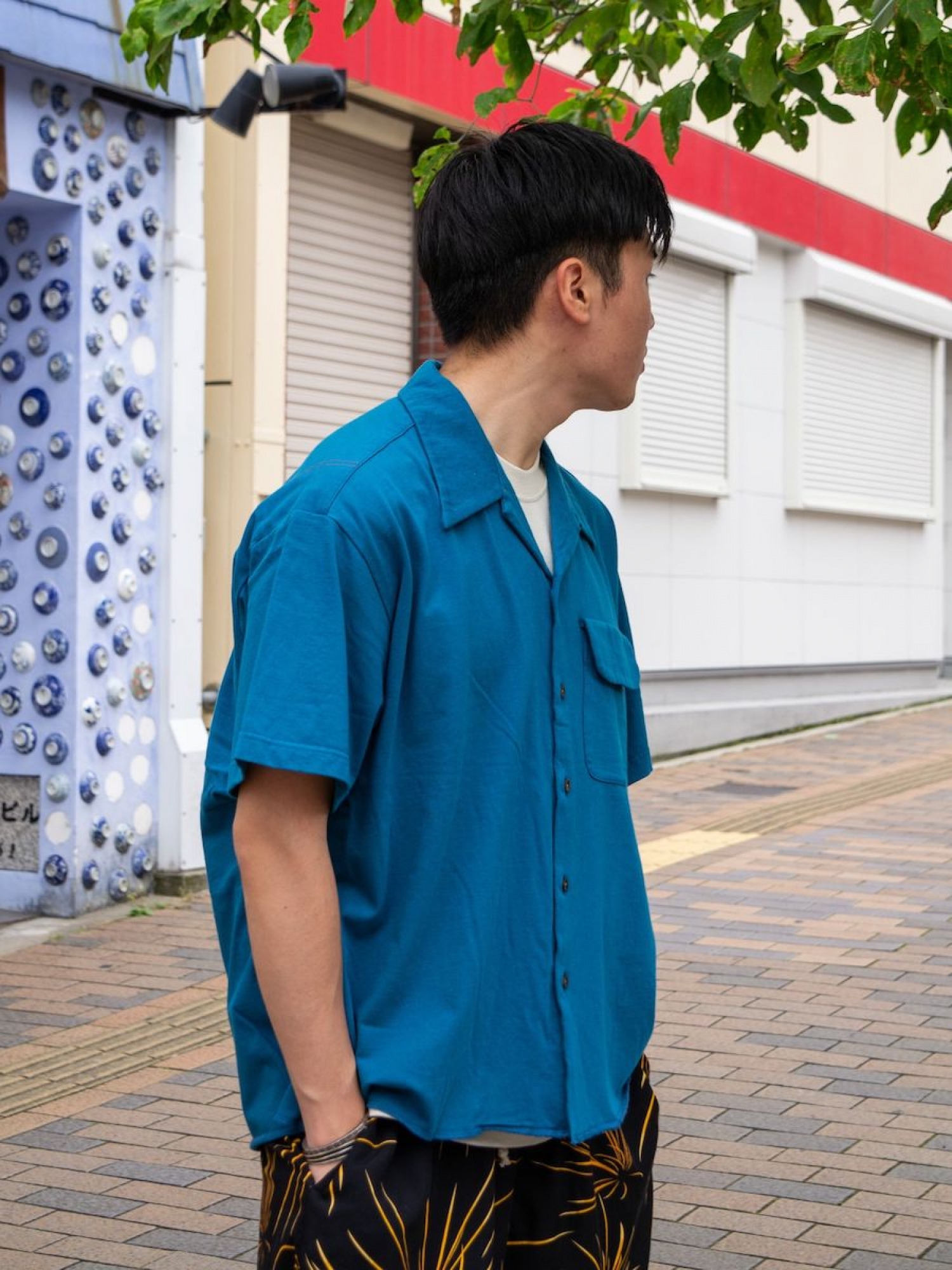 ANACHRONORM KNIT S/S TUCK OPEN COLLAR SHIRT / Steel blue