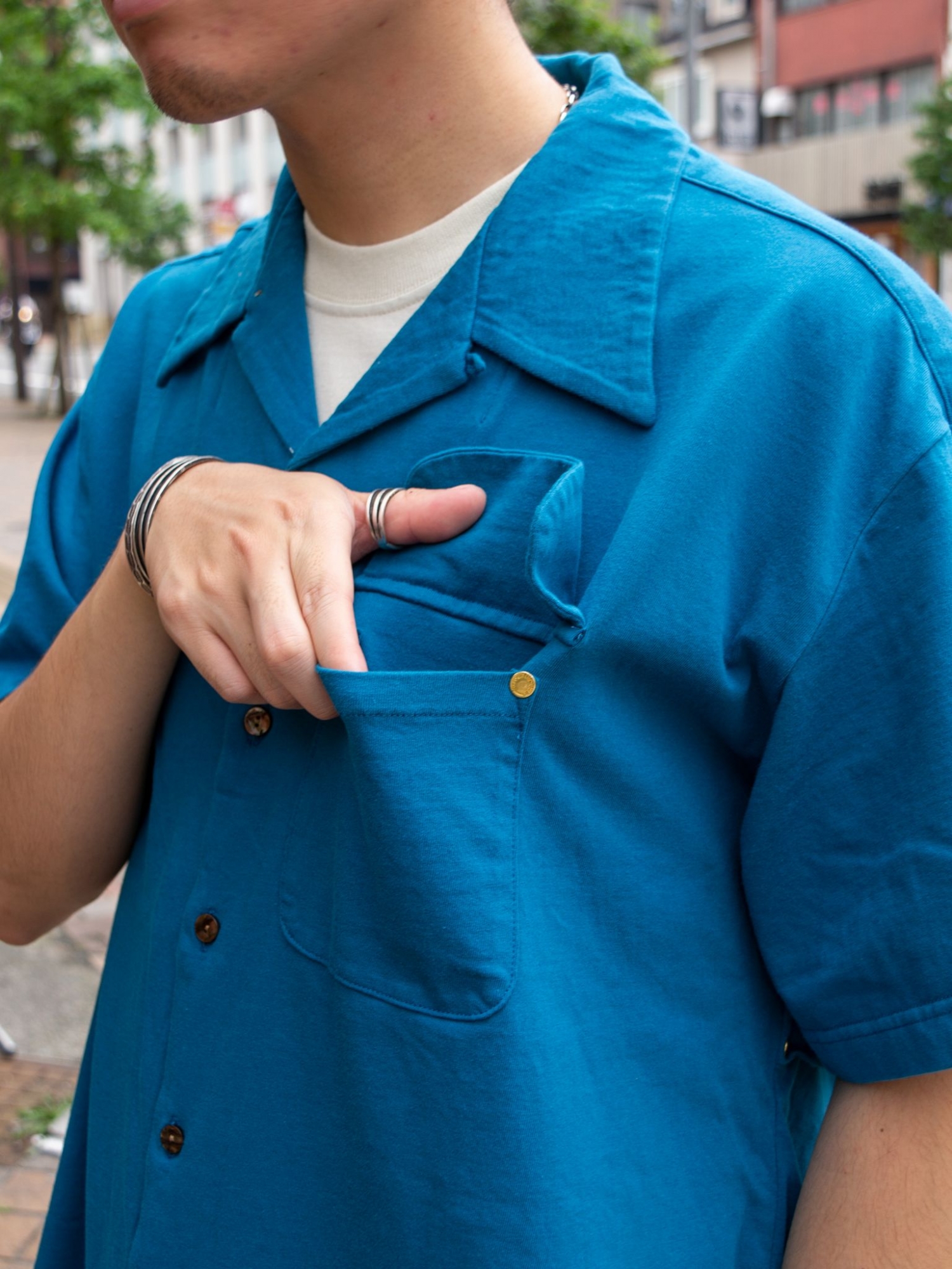 ANACHRONORM KNIT S/S TUCK OPEN COLLAR SHIRT / Steel blue