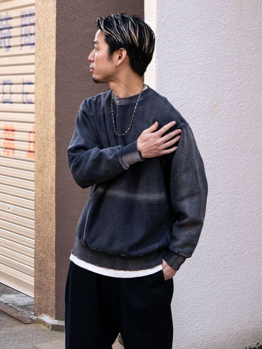 ANACHRONORM AGING BLACK SULFUR DYEING REVERSE WEAVE CREW NECK SWEAT / Black