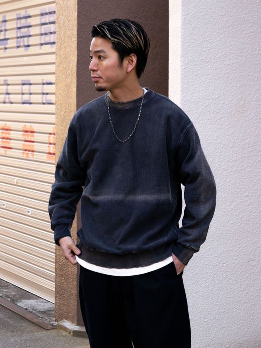 ANACHRONORM AGING BLACK SULFUR DYEING REVERSE WEAVE CREW NECK SWEAT / Black