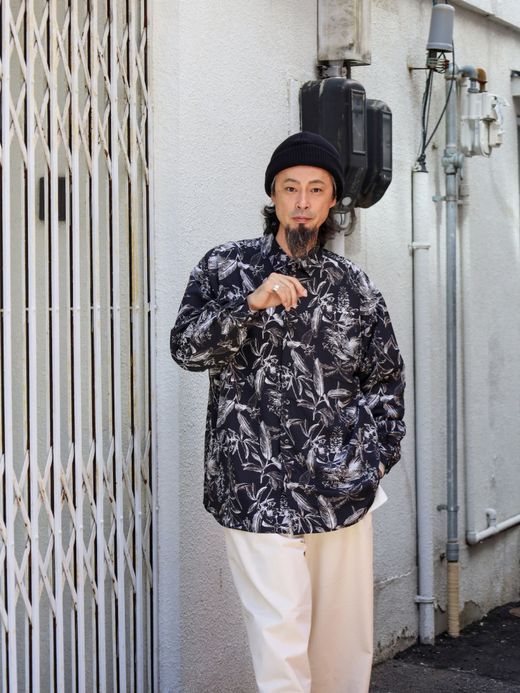 Audience 丹後 レーヨンライク ビーチファイユ リーフ L/S シャツ / Black