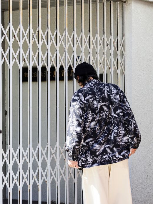 Audience 丹後 レーヨンライク ビーチファイユ リーフ L/S シャツ / Black