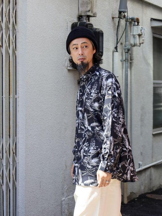 Audience 丹後 レーヨンライク ビーチファイユ リーフ L/S シャツ / Black