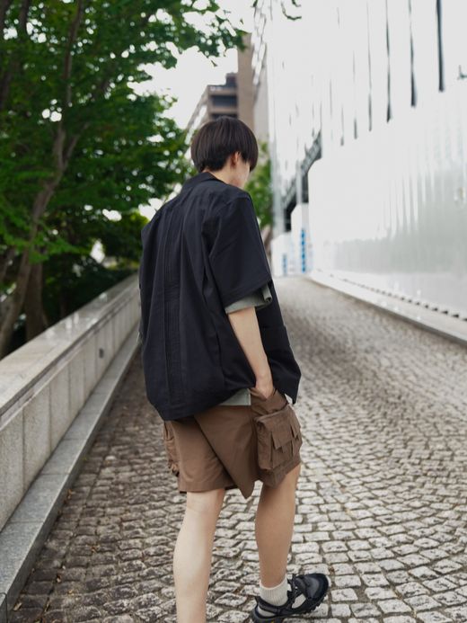 Audience 綿麻ビンテージキャンバス ピンタック ハーフスリーブシャツ / Black