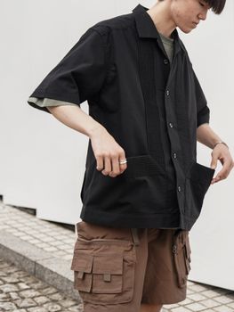 綿麻ビンテージキャンバス ピンタック ハーフスリーブシャツ / Black