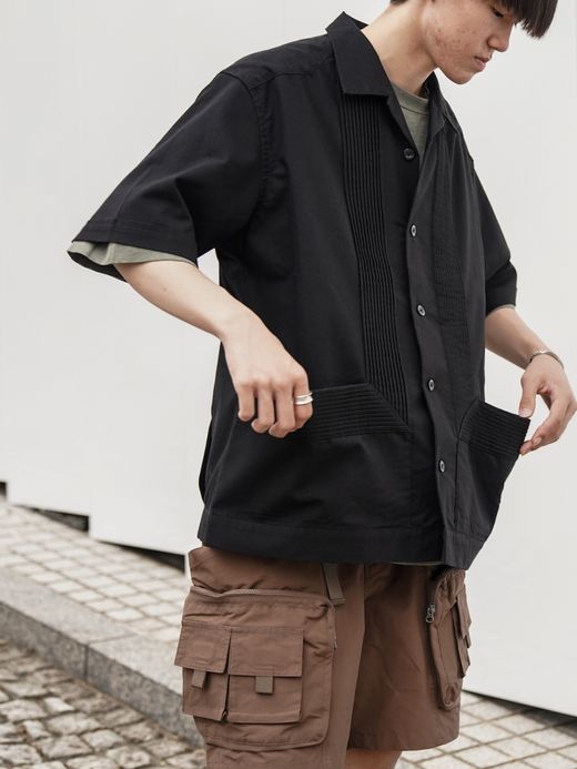 Audience 綿麻ビンテージキャンバス ピンタック ハーフスリーブシャツ / Black