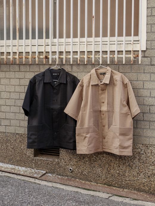 Audience 綿麻ビンテージキャンバス ピンタック ハーフスリーブシャツ / Black