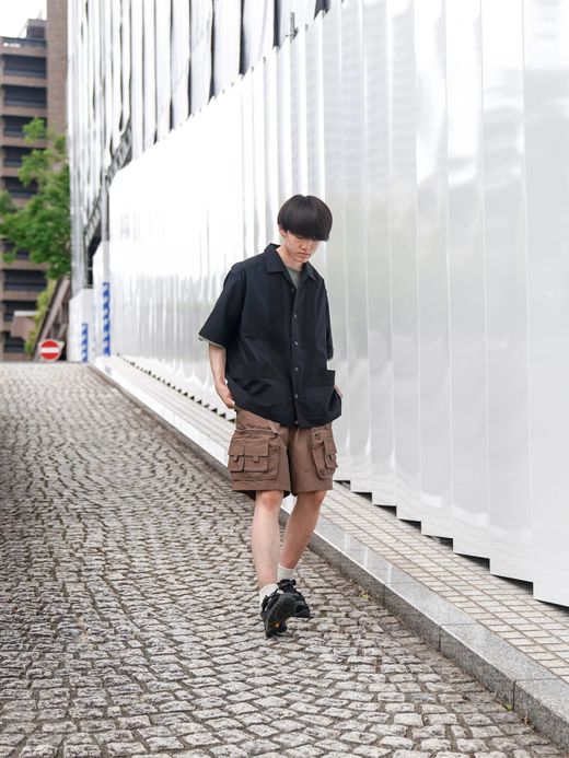 Audience 綿麻ビンテージキャンバス ピンタック ハーフスリーブシャツ / Black