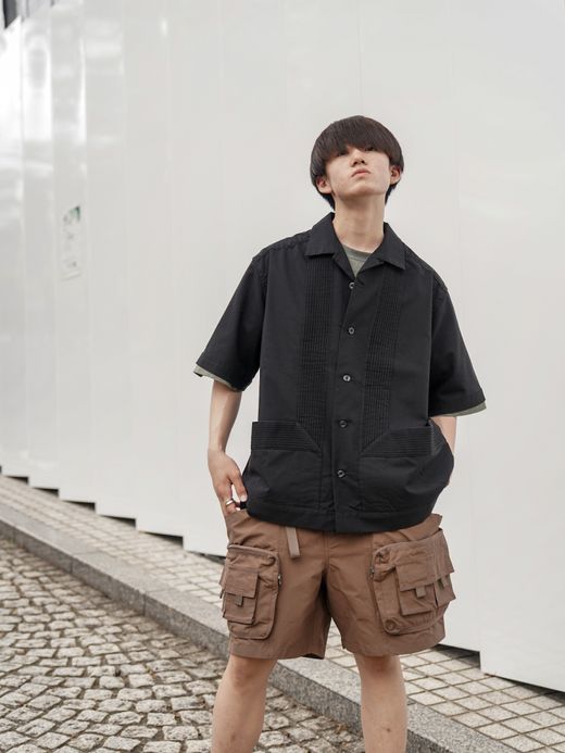 Audience 綿麻ビンテージキャンバス ピンタック ハーフスリーブシャツ / Black