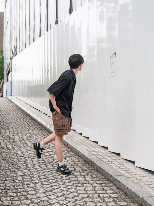 Audience 綿麻ビンテージキャンバス ピンタック ハーフスリーブシャツ / Black